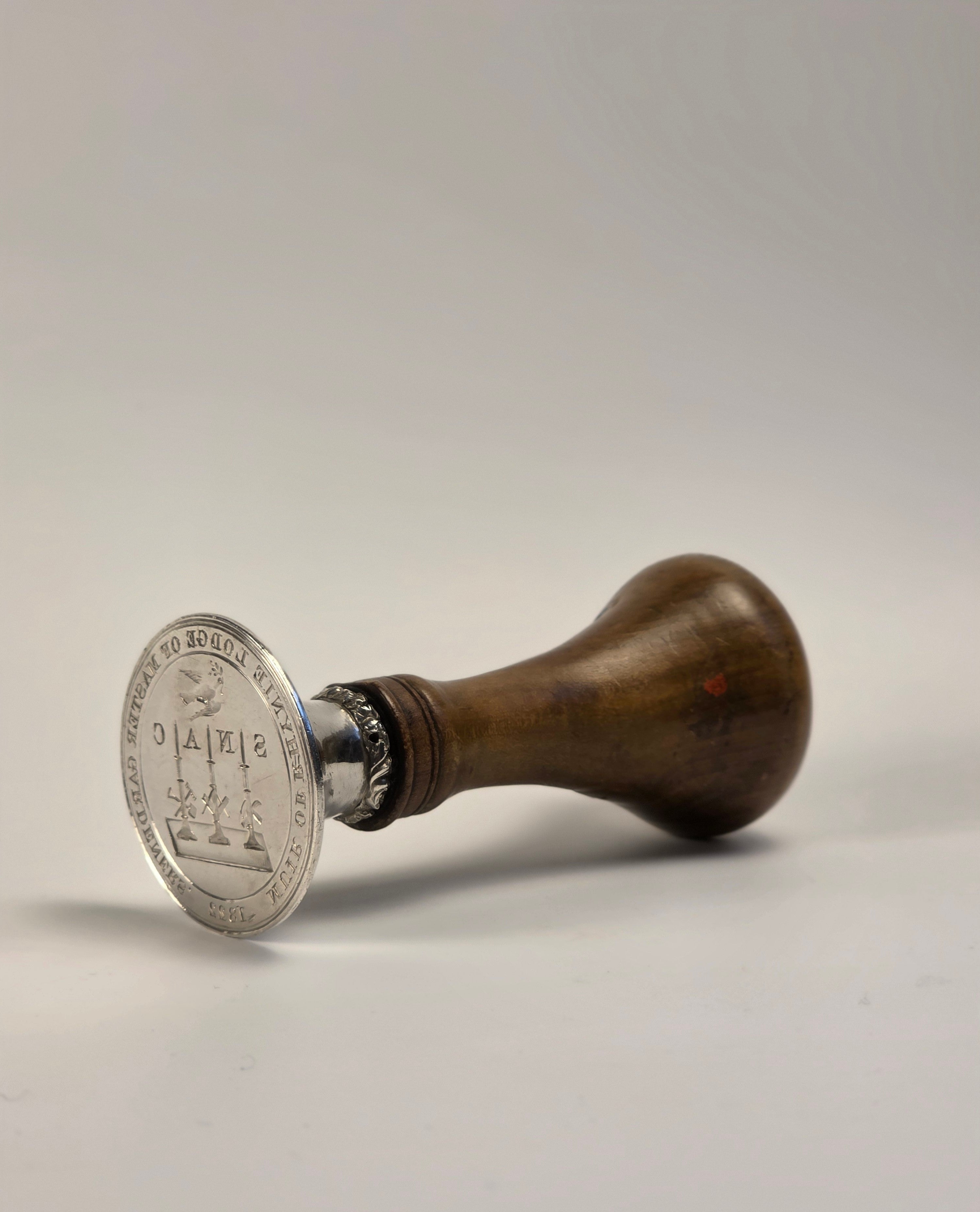A SCOTTISH PROVINCIAL 19THC WOOD AND SILVER MASONIC DESK SEAL