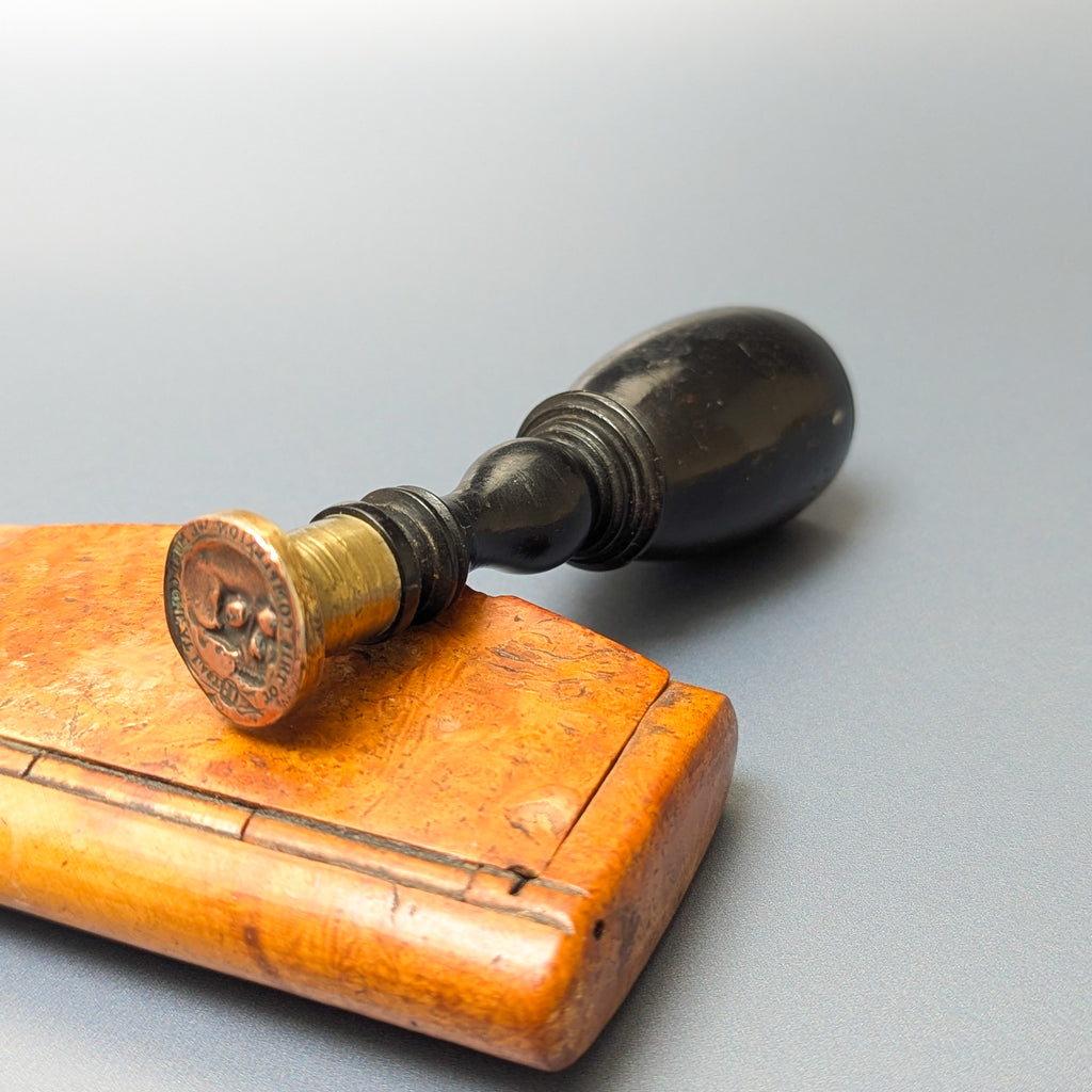19thC Ebony Brass & Copper Skull Memento Mori Desk Seal