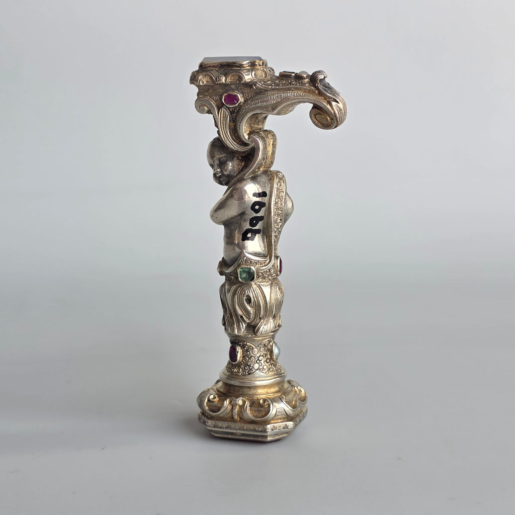 19THC ALLIANCED ARMORIAL SILVER, GILT AND JEWELLED DESK SEAL