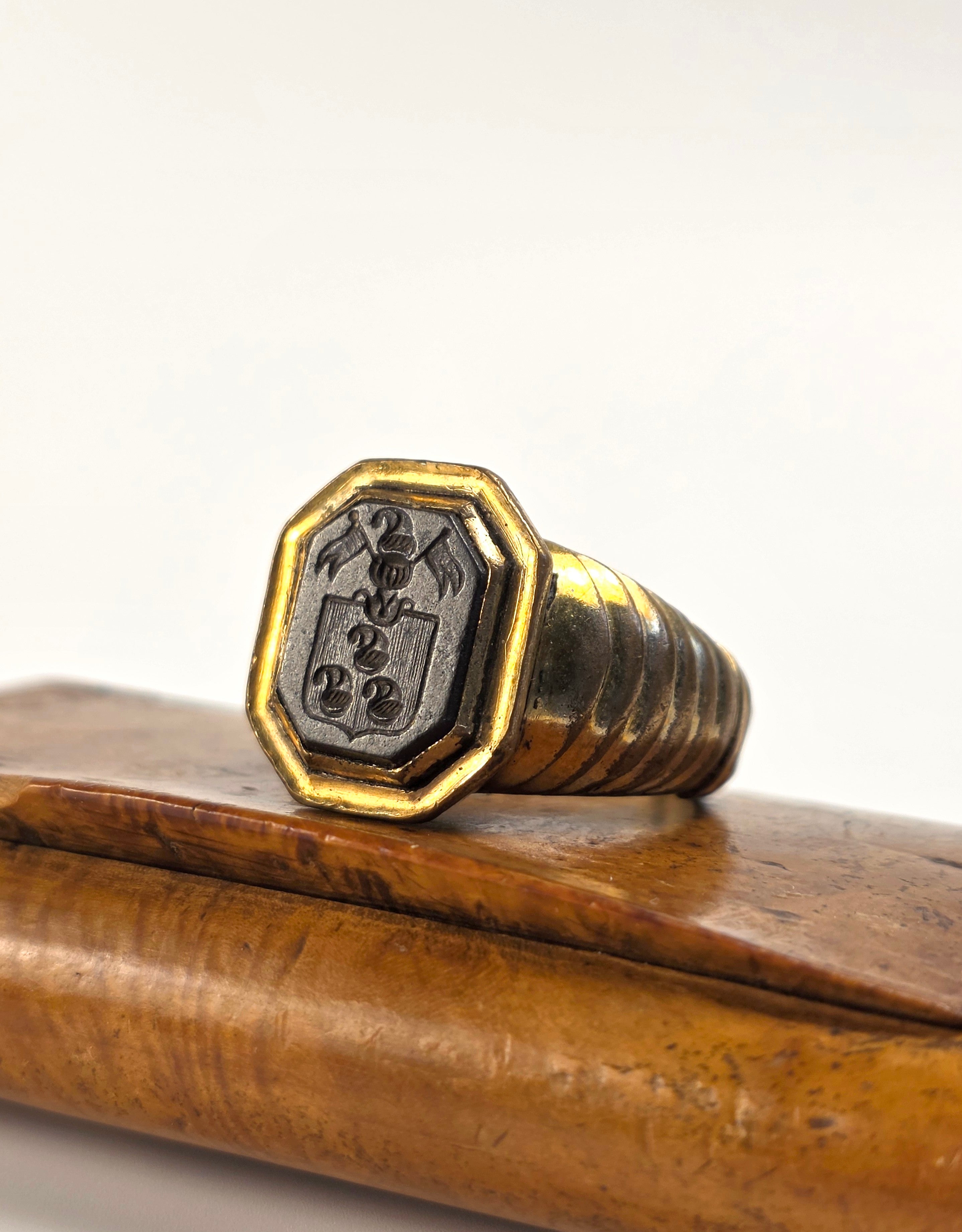 c18THC CONTINENTAL GILT AND STEEL ARMORIAL RING