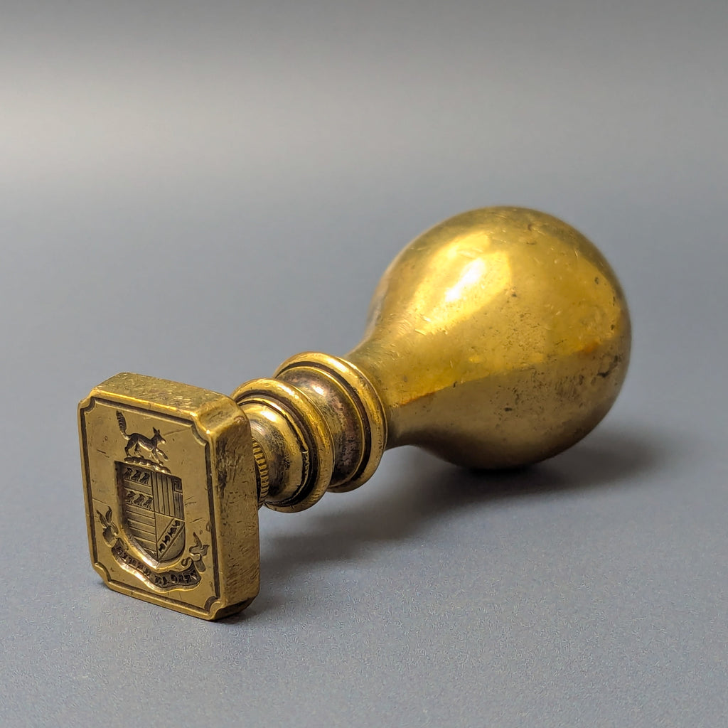 Late 18thc Solid Brass Irish Armorial Desk Seal FOX Crest - VELO AN REMIS - Garveys