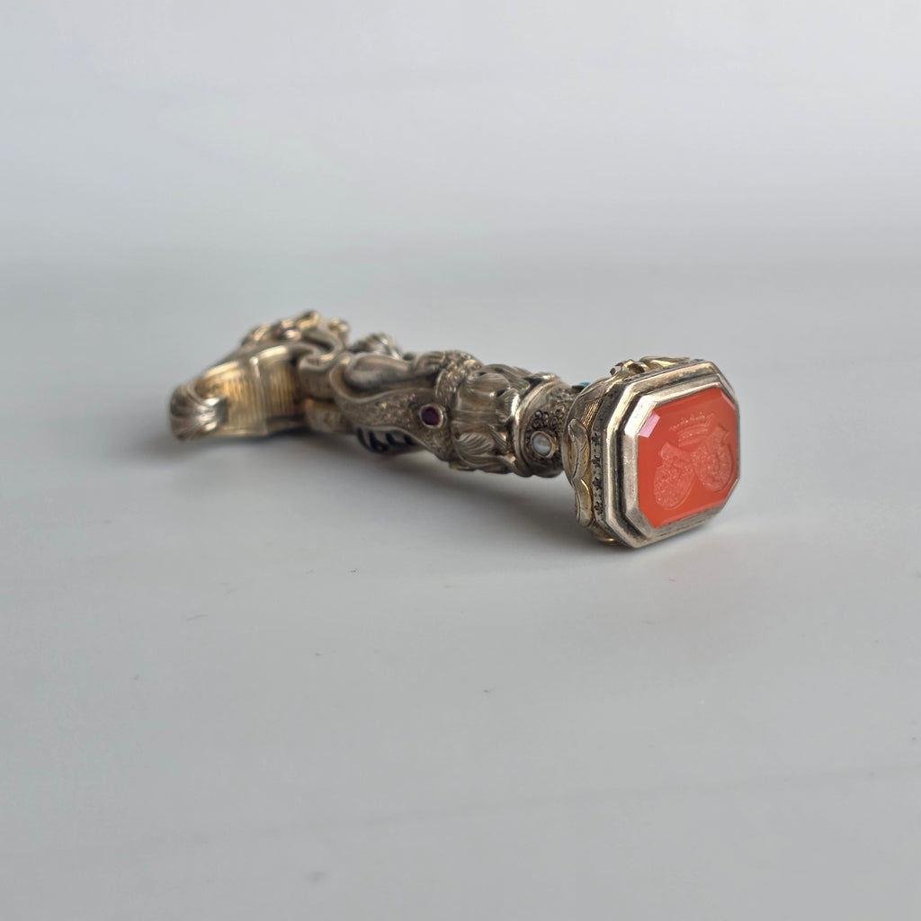 19THC ALLIANCED ARMORIAL SILVER, GILT AND JEWELLED DESK SEAL