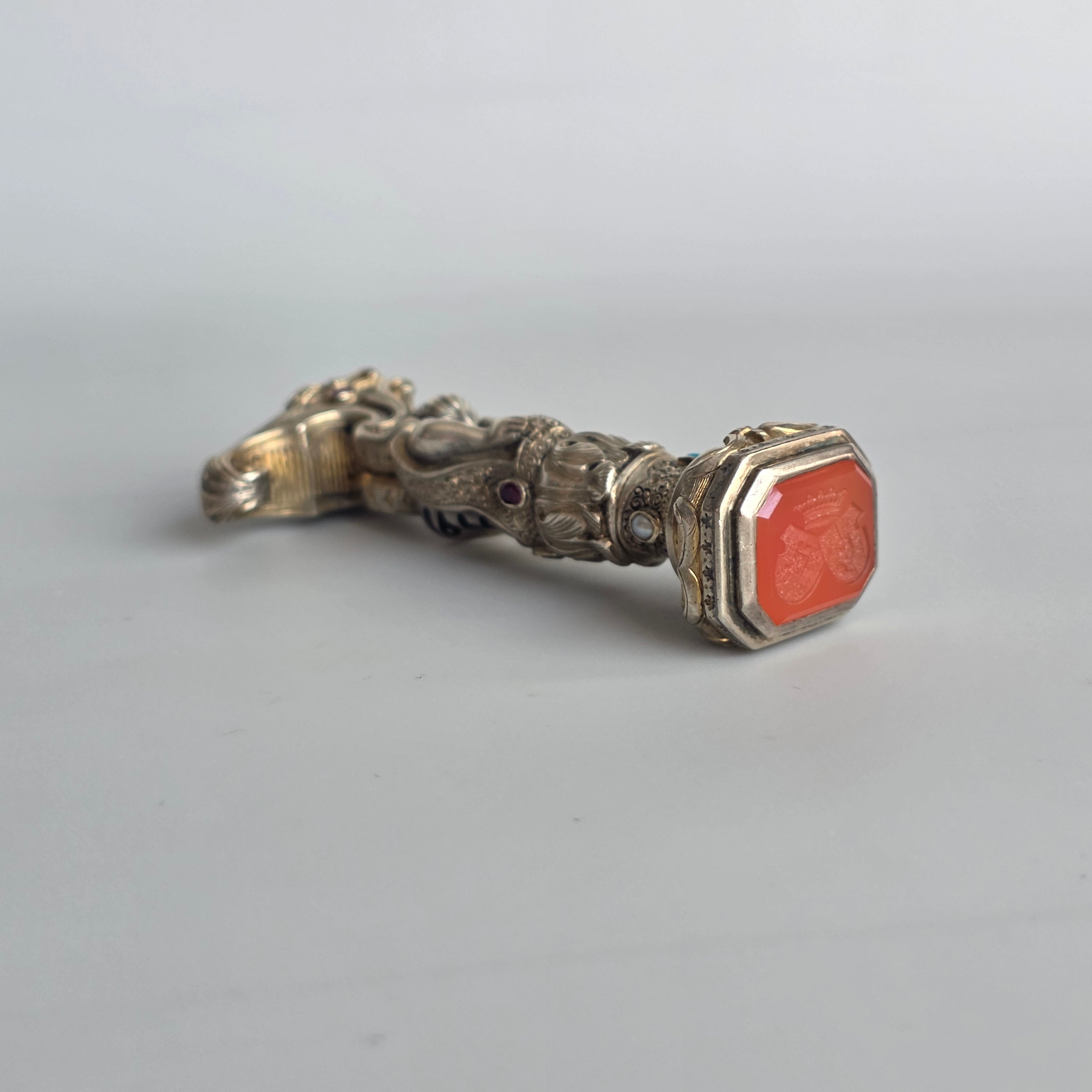 19THC ALLIANCED ARMORIAL SILVER, GILT AND JEWELLED DESK SEAL