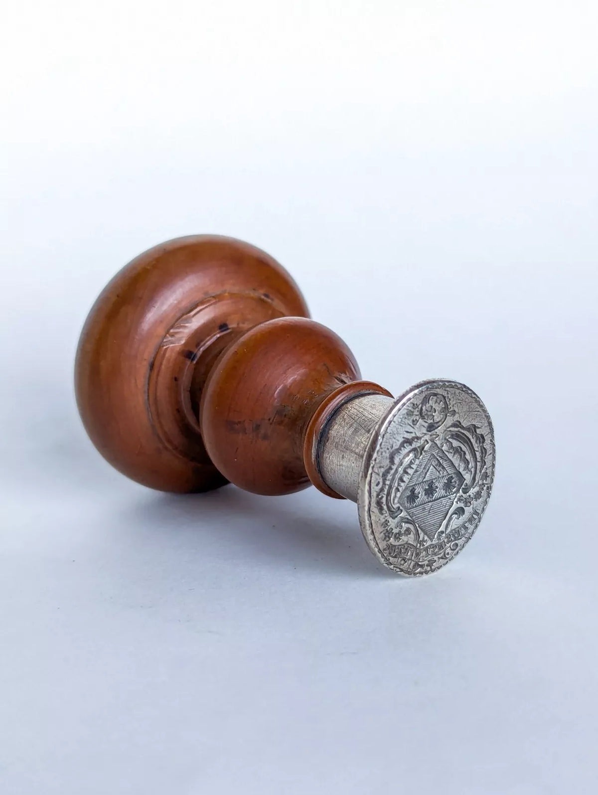 18thC Fruitwood & Silver Continental Armorial Motto Desk Seal - INTUS EST VIRTUS