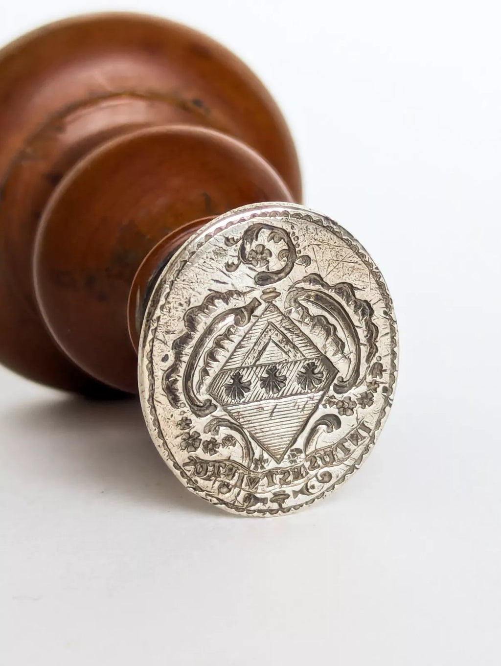 18thC Fruitwood & Silver Continental Armorial Motto Desk Seal - INTUS EST VIRTUS