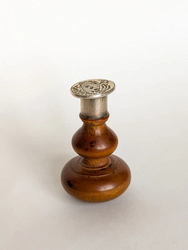 18thC Fruitwood & Silver Continental Armorial Motto Desk Seal - INTUS EST VIRTUS