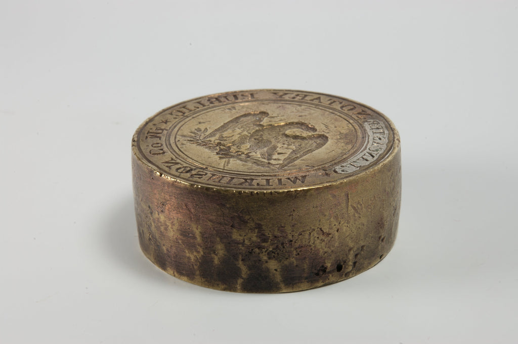 Large antique brass block wax seal showing matrix on top