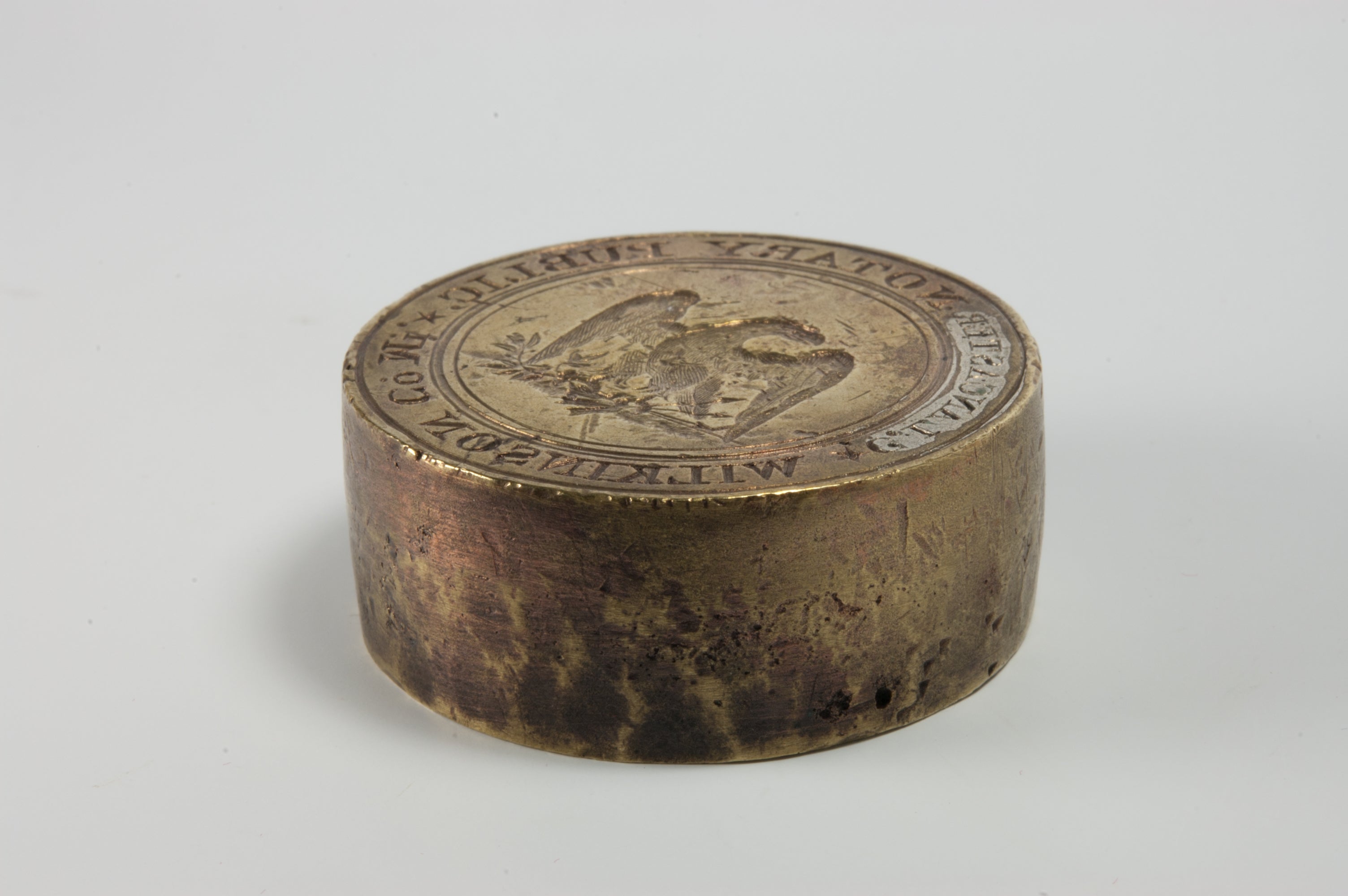 Large antique brass block wax seal showing matrix on top