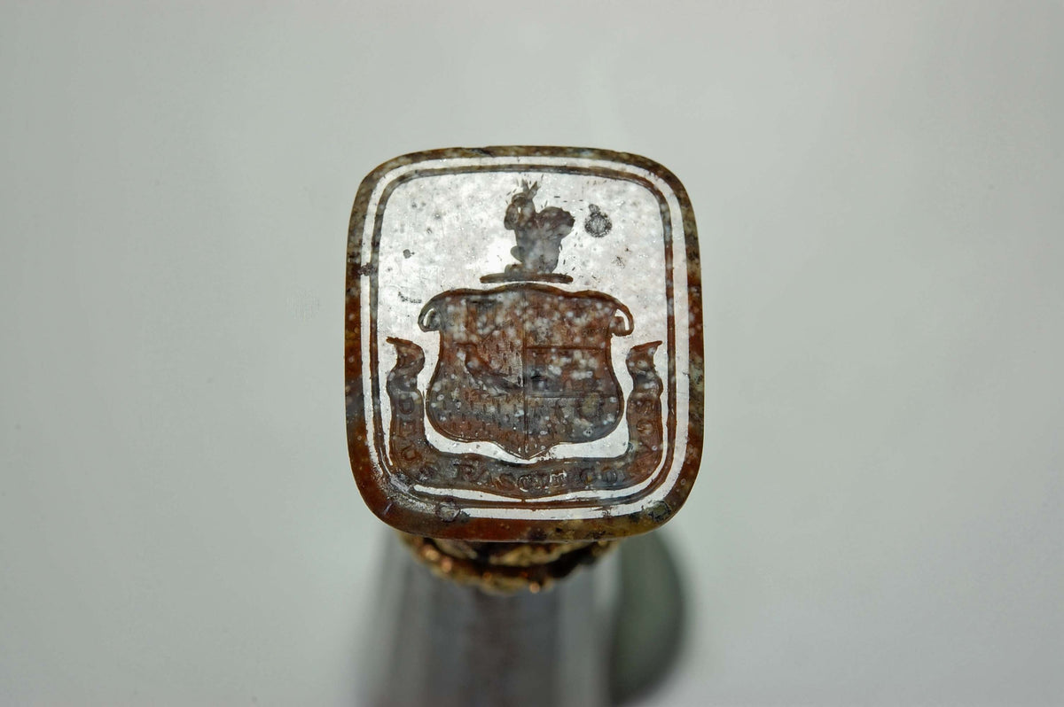Close up detail showing jasper matrix engraved with marriage of two armorials