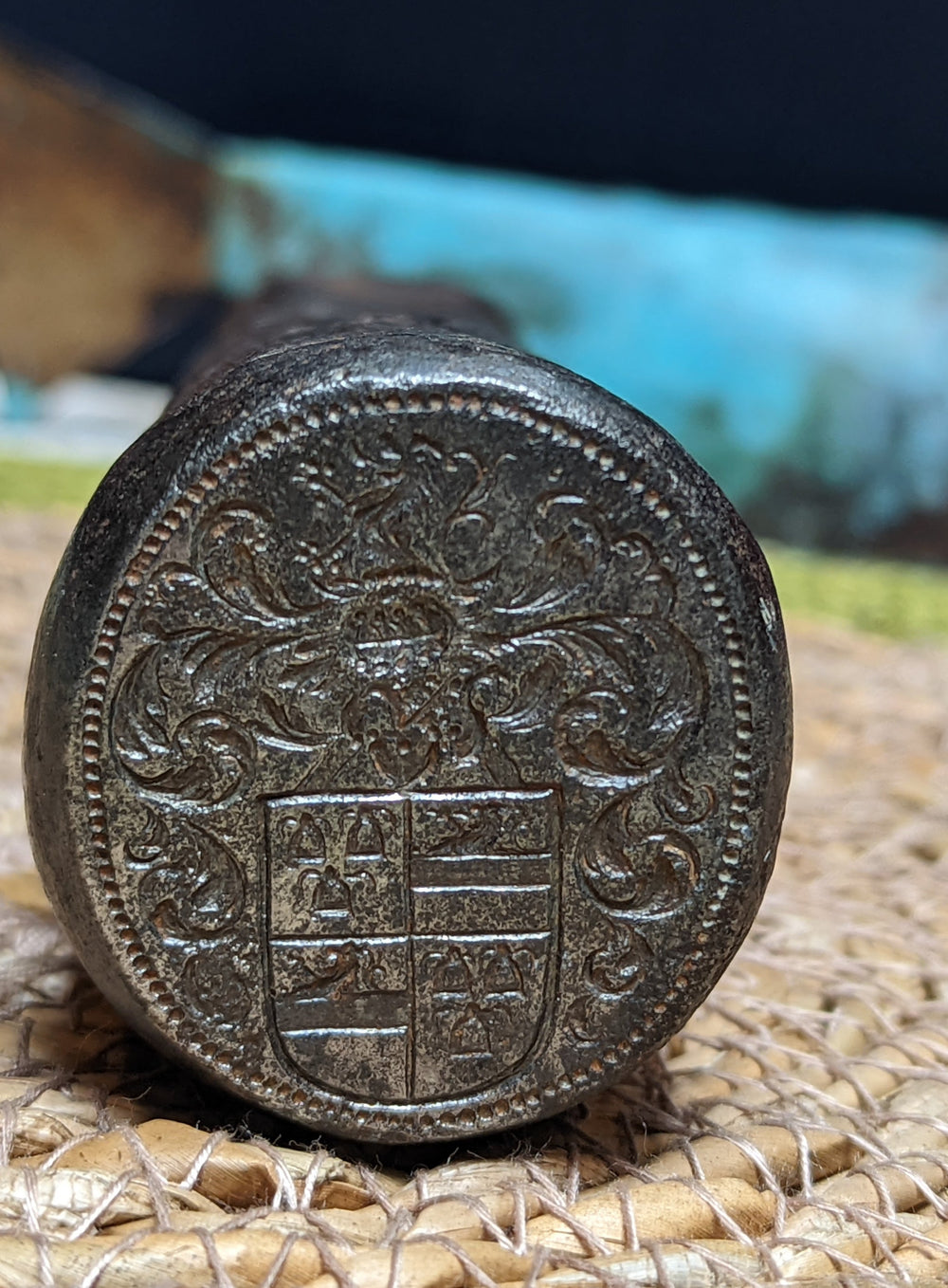 Massive 17th century steel armorial desk wax seal