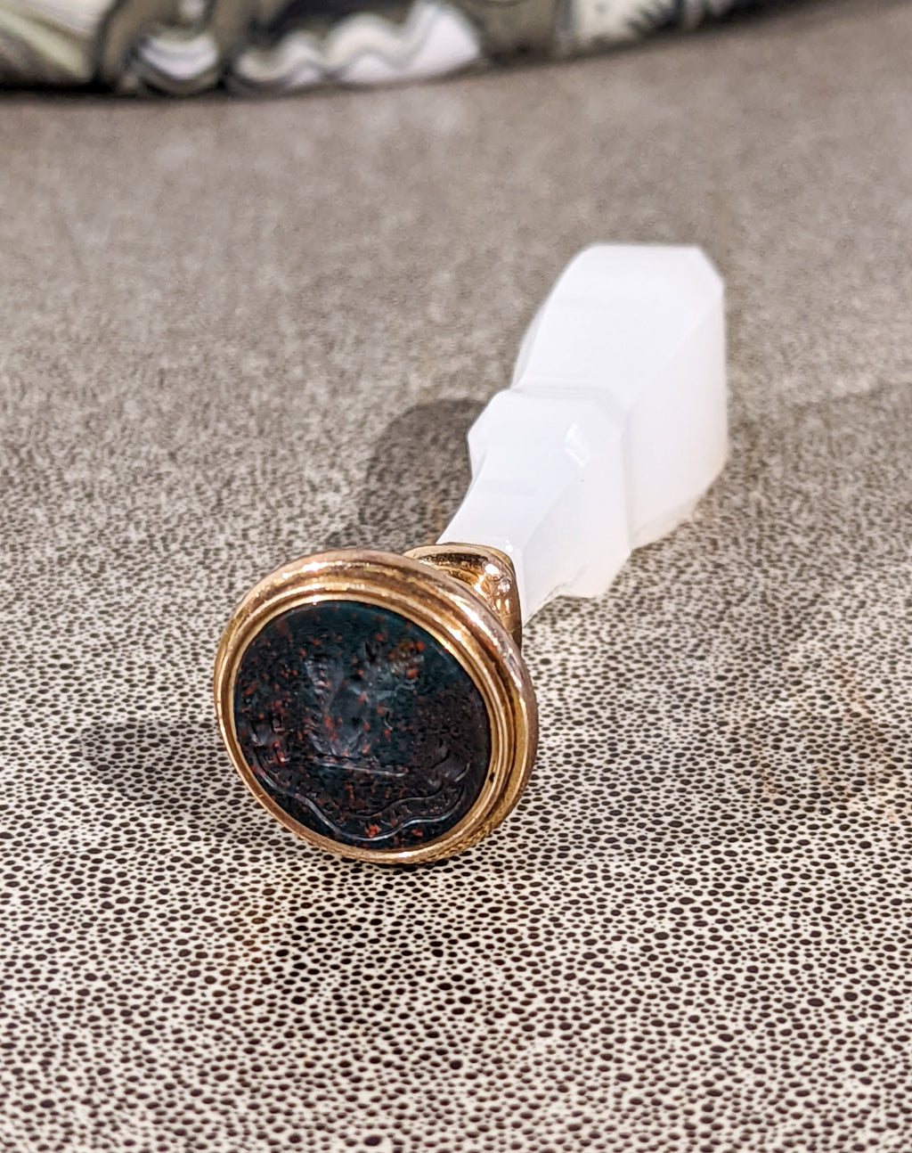 Chalcedony, gilt and bloodtstone armorial desk wax seal