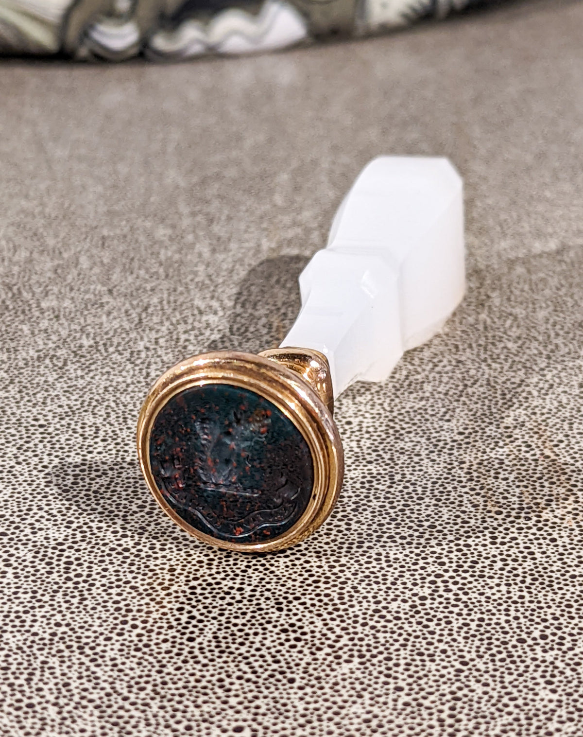 Chalcedony, gilt and bloodtstone armorial desk wax seal
