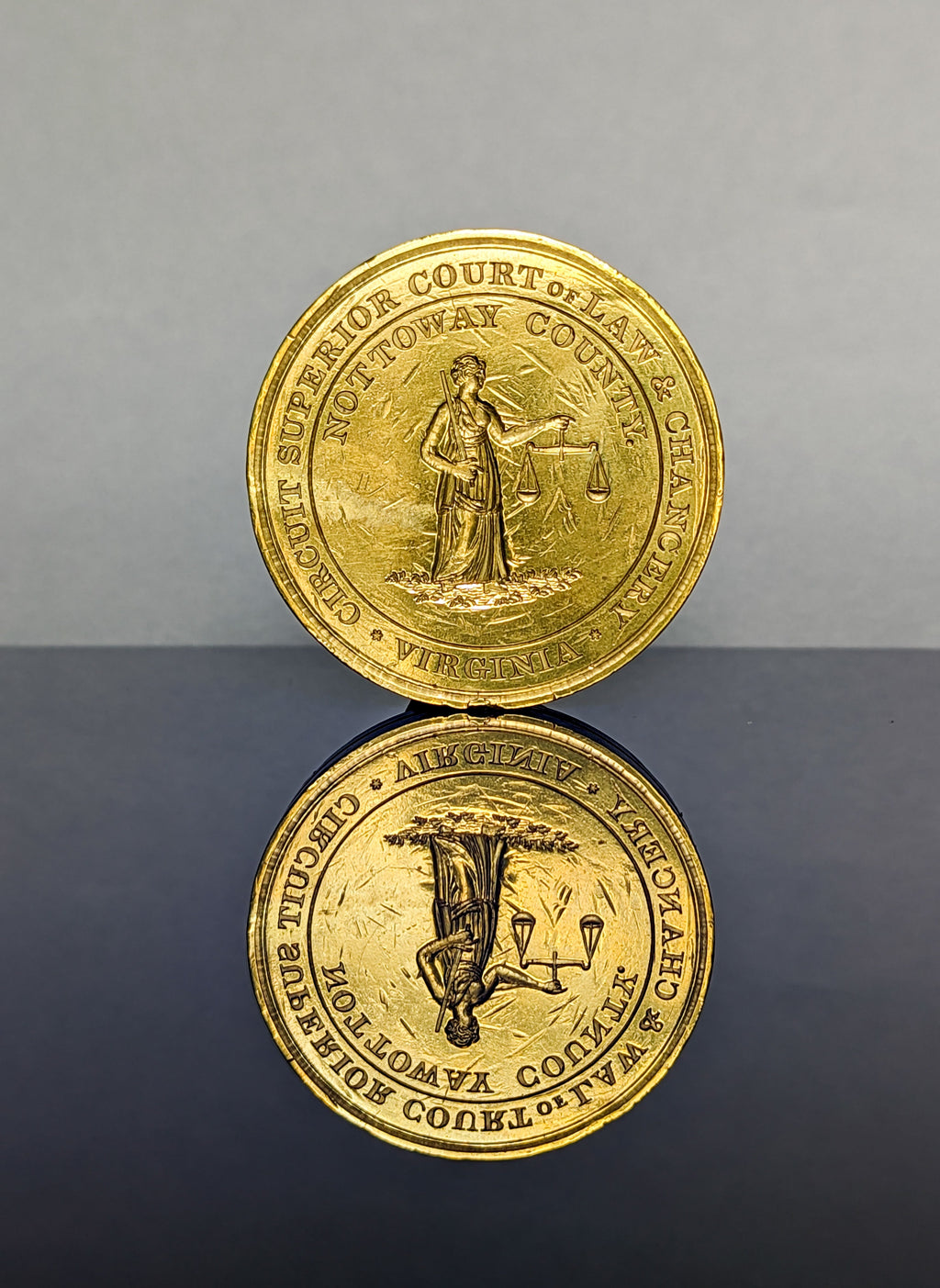 Antique American brass seal Nottoway Court Virginia showing lady holding scales and inscription