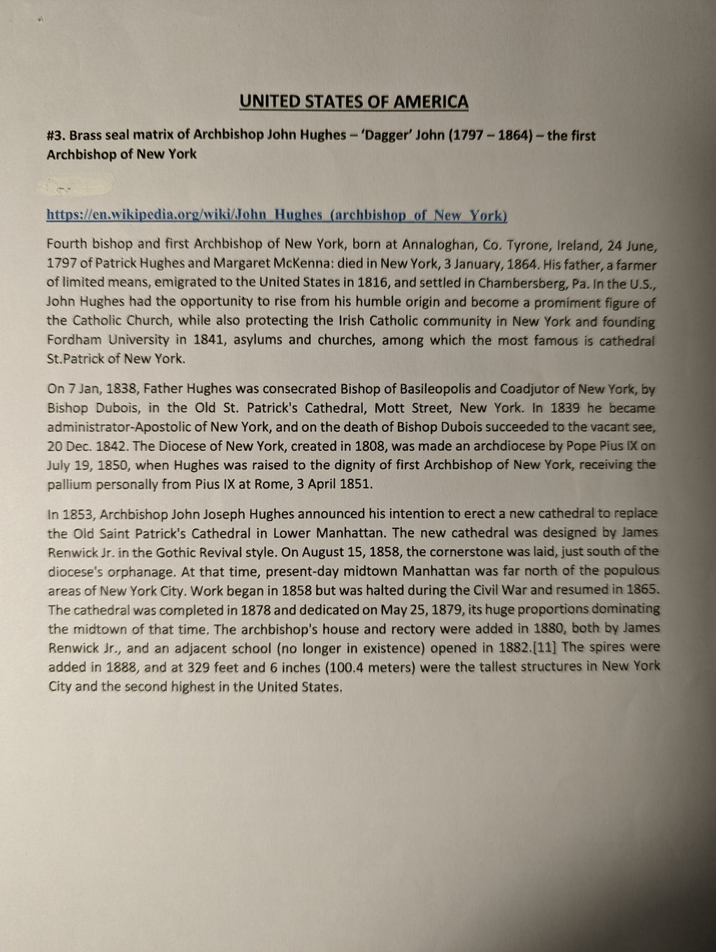 Scanned image of text relating to the American seal for the first archbishop of New York