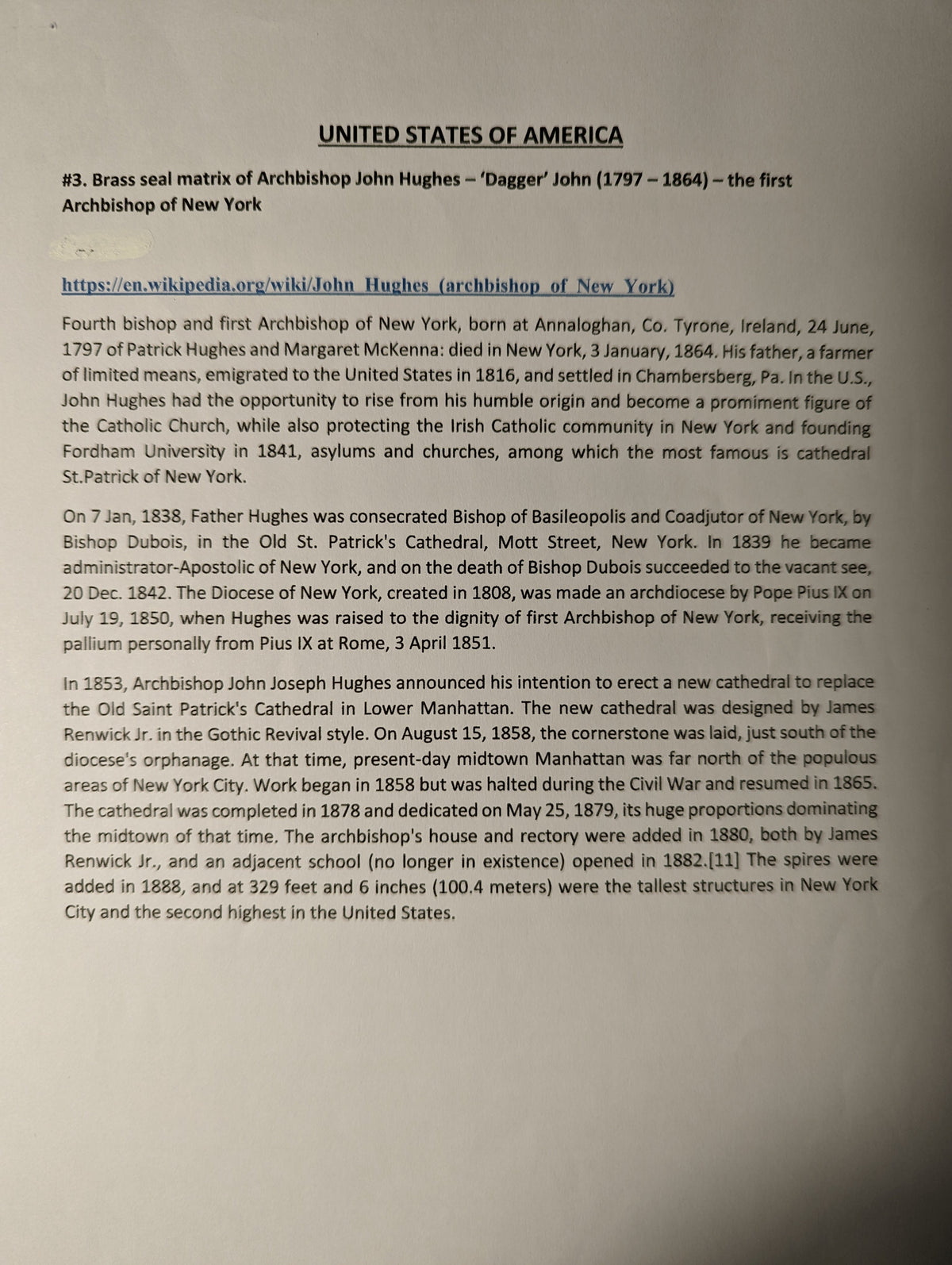 Scanned image of text relating to the American seal for the first archbishop of New York