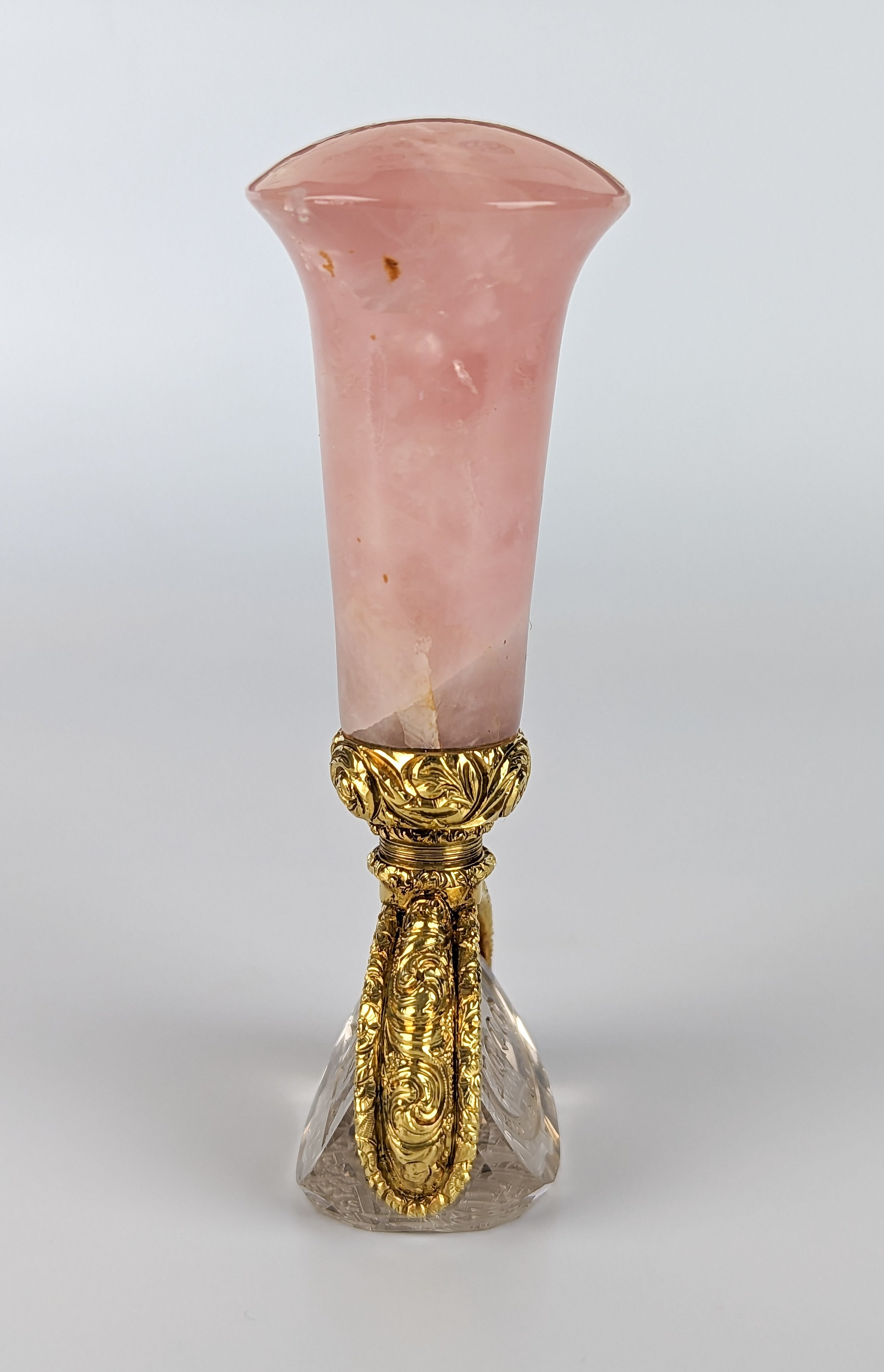 Side of rose quartz handle, gold mount and crystal matrix wax seal
