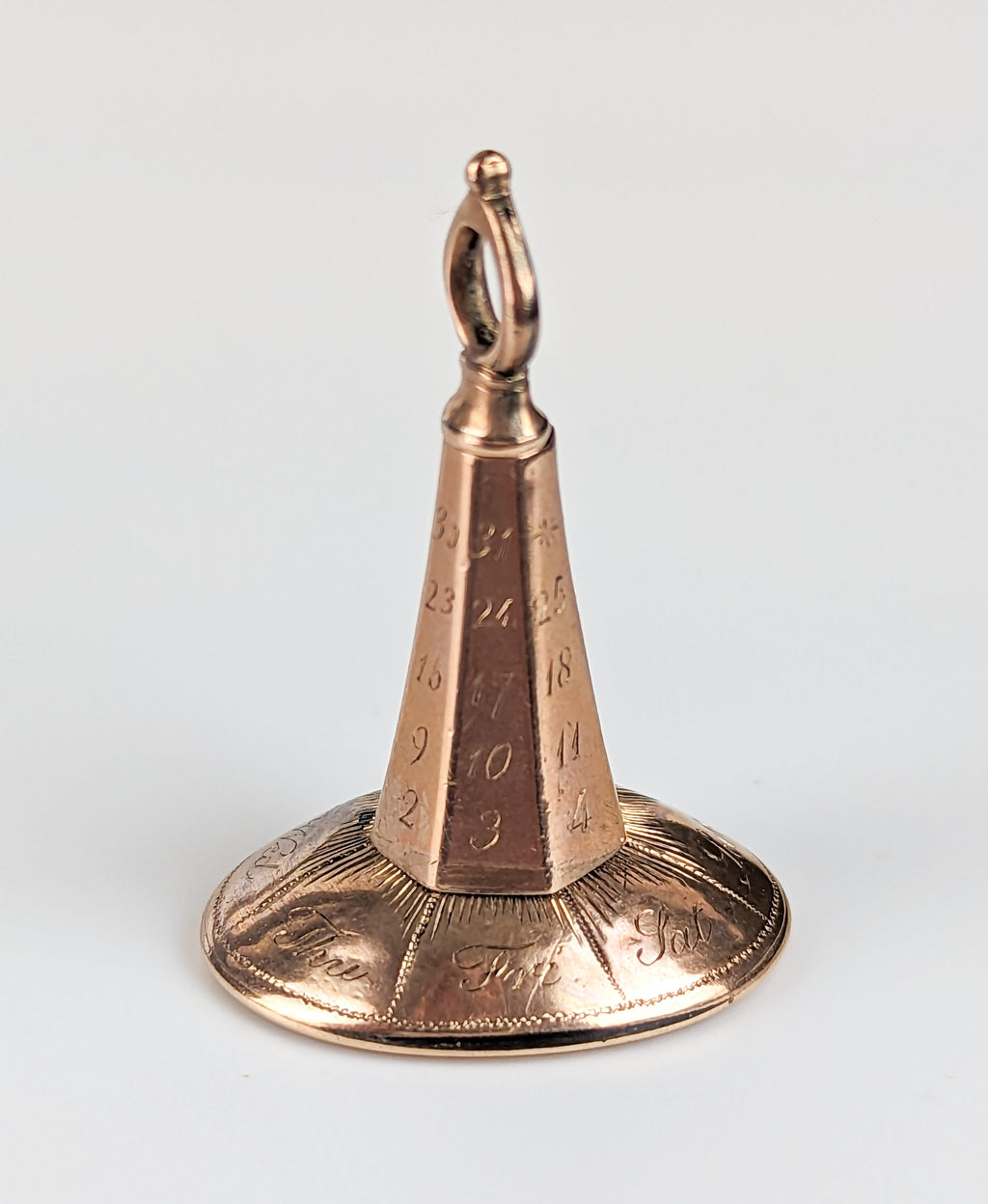 Closeup of day and date on gold perpetual calendar fob wax seal