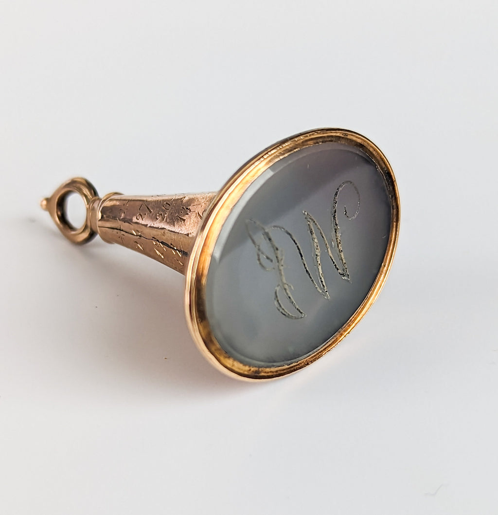Grey chalcedony ,atrix on gold perpetual calendar fob wax seal